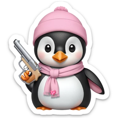 cute penguin wearing light pink bow scarf and holding light pink gun  sticker