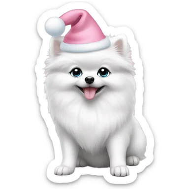 white pomeranian puppy full body light blue eyes pink christmas hat on sticker