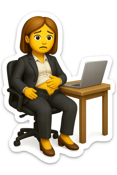 emoji stile iphone di una donna seduta alla scrivania dell'ufficio in completo elegante con i pantaloni sbottonati perché ha la pancia gonfia, falla a corpo intero, iperrealistico 4k sticker
