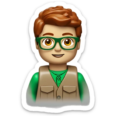 lego minifig of a 7 year old boy with green glasses and dark red hair sticker