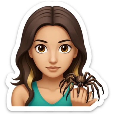 Attractive and athletic Mexican woman in her 20s with long dark brown hair with some blonde highlights, with a tarantula sticker