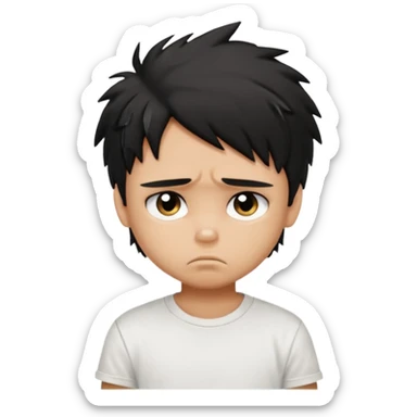 generate a pretty tan bratz boy with black messy hair looking sad. Wearing a white tshirt sticker