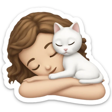 White girl brown hair sleeping with white kitty black spot  sticker