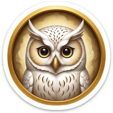portrait of an ancient owl spirit known as “The White Owl of Oaths.”
Pale owl face emerging from mist and shadow.
No visible pupils, eyes glow softly gold or appear as deep void. 
Bone-white, warm gold, and soft shadow tones.
Centered, icon-style framing, limited palette sticker
