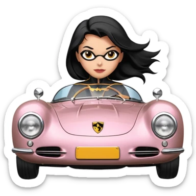 Adult BatGirl driving her satin-black and rose-gold 1955 Porsche 550 Spyder too fast in the country, despite the rainy conditions making the tires slippery, sliding sideways with her black hair fluttering in the wind sticker
