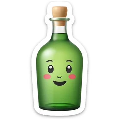 A clean, cute emoji-style green soju bottle, small Korean soju bottle with green glass, simple label in Korean style, minimal flat design, soft shading, centered, white or transparent background, high contrast, rounded friendly emoji look, 1:1 aspect ratio, app icon style sticker