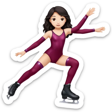 Una patinadora de 12 años y es morena de pelo y lleva un mallott granate con brillos y esta patinando con patines de ruedas en linea y su piel es clara y el pelo es largo negro ondulado sticker