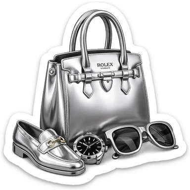 Transform the image to chrome 3D style with color. Make the gold parts black and white, the shoe white and gold, the watch black and gold, and the glasses black and gold. Keep all items highly reflective and metallic. Remove the background. sticker