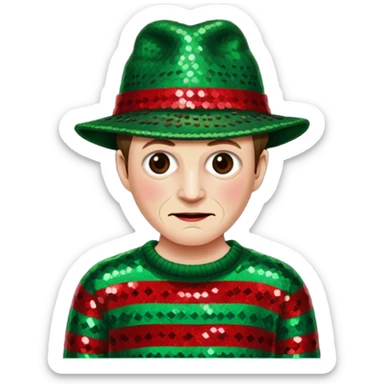 Freddy Krueger with red and green stripe sequin sweater, dark brown sequin hat sticker