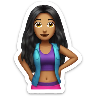 Tanned woman with long black hair dressed in Y2K pop hair, makeup, and neon attire sticker