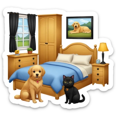 1 golden retriever and 1 black cat in a bedroom sticker