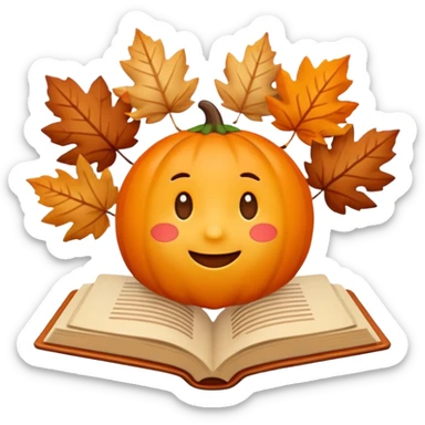 A cute 3D emoji autumn leaves around it, cozy fall colors (orange, brown, beige), playful and modern style, glossy finish, minimalistic but expressive, symbolizing a Fall Reading Challenge. sticker