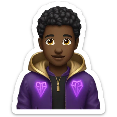 A young black man with a purple bomber jacket covered with golden glowing runes sticker