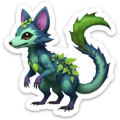 Realistic Sharp swampy mossy elemental ivy floral detailed Colorful translucent luminescent glowing Trico-Noibat-batty-Sergal-Furret-Ferret-Wolverine-Vernid-furry-fursona-fusion-Fakemon-animal-hybrid-creature, full body sticker