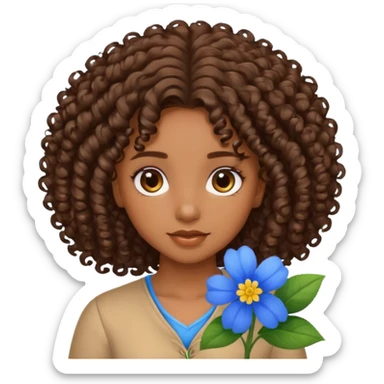 Qro uma moça morena de cabelo cacheado com uma flor azul no cabelo sticker