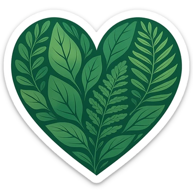 heart with a forest theme, leaves and ferns, clean digital illustration sticker