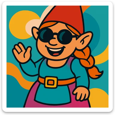 Change the sunglasses on the female gnome to round, retro style sunglasses. Keep the rest of the image intact. sticker
