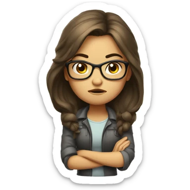 Angry scowling girl, long hair, wearing glasses, with arms crossed over chest. sticker