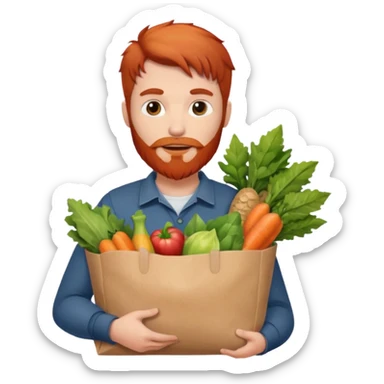 red bearded male holding a grocery bag sticker