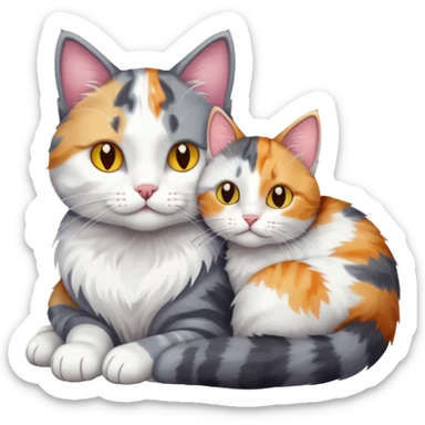 grey and white cat cuddling a colourful light patched calico + white tabby cat sticker