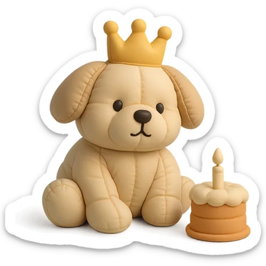 puppy with a birthday crown sitting beside a mini cake, cushion style sticker