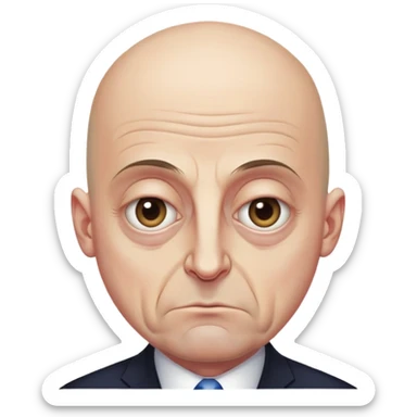 Steven Miller, Trump advisor, bald, grim expression, narrow face, sagging eyelids drooping more on the outside, bottom lip sticking out sticker