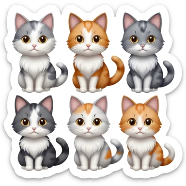 6 realistic looking cats with different natural coloured coats, assorted grey and white, greys, calico, brown and white colours etc
 sticker