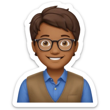 Filipino male, with goatie, wearing glasses, medium wavy length hair, brown sticker