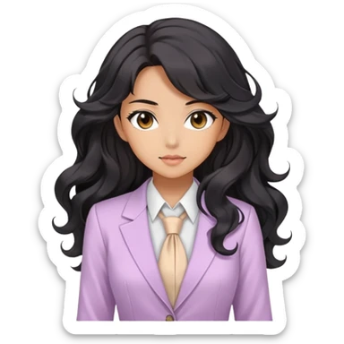 Pretty anime girl with flowing black wavy hair in a professional but feminine pastel outfit, confident boss lady pose sticker