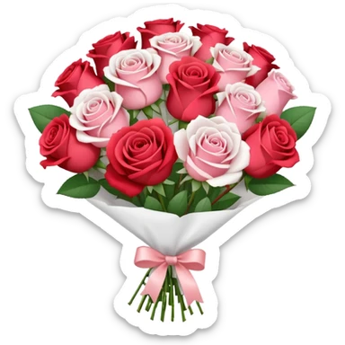 A white paper-wrapped bouquet of fresh roses and baby’s breath sticker