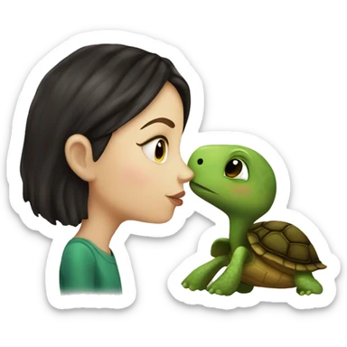A white girl with dark hair kisses a little turtle sticker