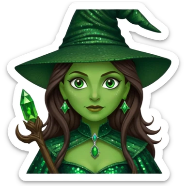 Elphaba, Wicked Witch of the West from The Wizard of Oz with long brown hair, dark green sequin outfit, green skin sticker