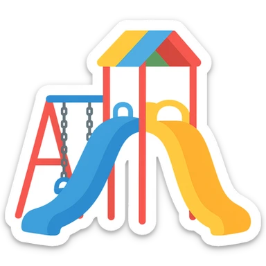 Simplify the fun playground scene with multicolored slide and swings into a simple emoji style illustration. Remove the background and keep the design minimal and colorful like an emoji. sticker