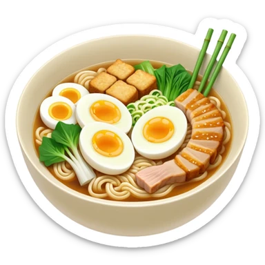 Delicious bowl of ramen noodles with miso soup broth base, bamboo, bok choy, eggs, pork, fish cakes, and green onions sticker