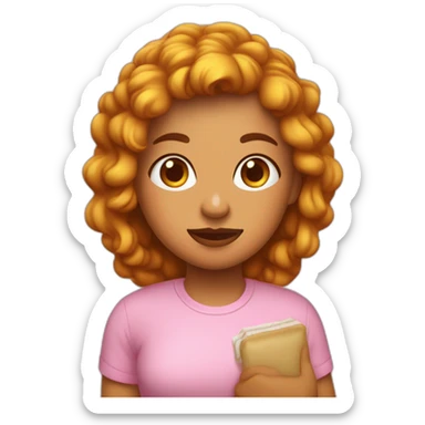 chica con pelo lardo marron solo un poco ondulado pero mas lacio, ojos marrones oscuros, con anteojo de borde superior rosa, en la mano un iPhone, una remera color mostaza  sticker