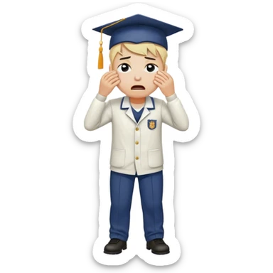 Create an emoji of a student with white skin tone crying. He is wearing a university uniform, including a shirt and pants and hat. The man is visibly upset, with tears streaming down his face. The background should be simple to emphasize his emotional state, conveying the feeling of being overwhelmed with university stress or personal struggles. close head shot sticker