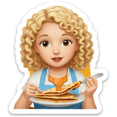 mujer con pelo rubio rizado comiendo quesadillas quemadas sabor bebé. sticker