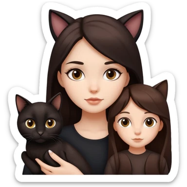 A girl with long dark brown hair ,Bambi eyes holding a black and a brown cat sticker