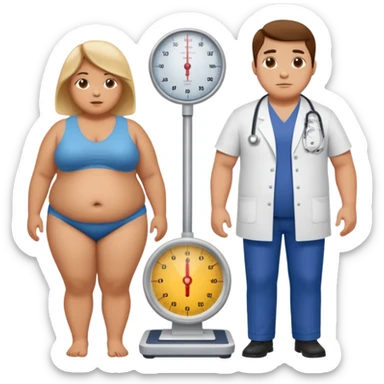 pessoa gorda em cima de balança e medico do lado avaliando sticker