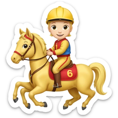 baby riding horse wearing racing cloth yellow number sticker