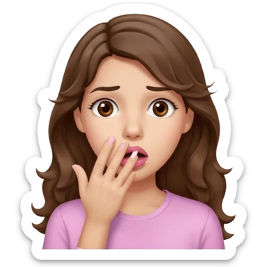 girl with wavy long brown hair, brown eyes, light to medium complexion, long lashes, light pink lipstick, wearing light pink shirt, shocked, hand covering mouth sticker