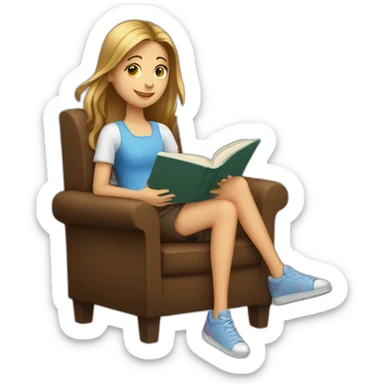 european girl seats with a book sticker