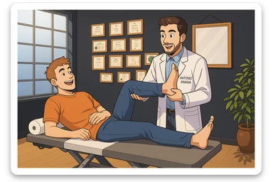 su questo lettino rappresenta un webtoon manga a colori con questo stile, in cui un uomo è steso sul lettino medico e il kinesiologo con il camice bianco (fagli anche la scritta "ANTONIO ANANIA" SUL CAMICE, gli solleva una gamba per fargli il test neuromuscolare, IL KINESIOLOGO SPIEGA ALL'UOMO UNA cosa mentre gli alza la gamba. l'espressione dell'uomo è felice e soddisfatta, non fare i fumetti però, fai solo in modo che sembri stiano parlando sticker