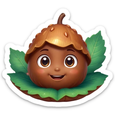 Cinematic tiny happy acorn, glossy brown, soft glowing highlights, tiny adorable face with big sparkly eyes, sitting on a pastel leaf, warm and cheerful. sticker