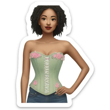 Sage green corset with flower embroidery and pink bows, isolated sticker