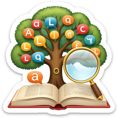 An icon featuring an open book, a speech bubble, and a linguistic tree, symbolizing philology and linguistics. The design includes alphabets, language symbols, and a magnifying glass, representing the study of language, structure, and meaning. Transparent background highlights language research sticker