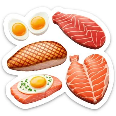Four separate protein icons: a golden glowing chicken breast, a red meat steak, a smaller salmon fillet, and an egg, each with a subtle DNA strand behind it and muscle fiber pattern around the edges sticker