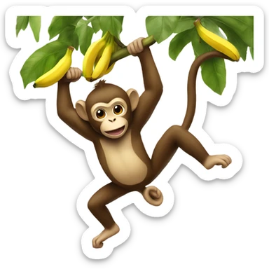 Monkey wearing a banana suit swinging from a tree sticker
