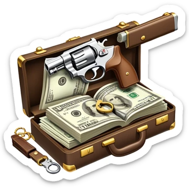 Icon for Action & Crime Reading: an open book with action-packed scenes, featuring a gun, handcuffs, a detective's badge and a briefcase with money. The icon should capture the tension and excitement of crime and action stories. Transparent background. sticker