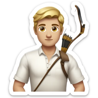 a male archer with a bow, wearing a white shirt, very short brown hair, bright skin, only show upper part of the body from waist up sticker